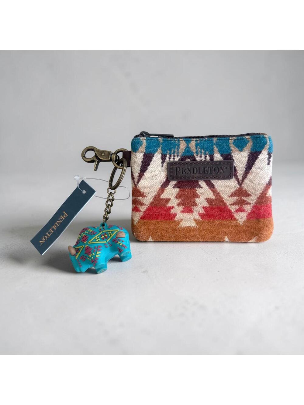 Vintage Pendleton Southwest Wool Zip Coin Pouch Keychain with Charm